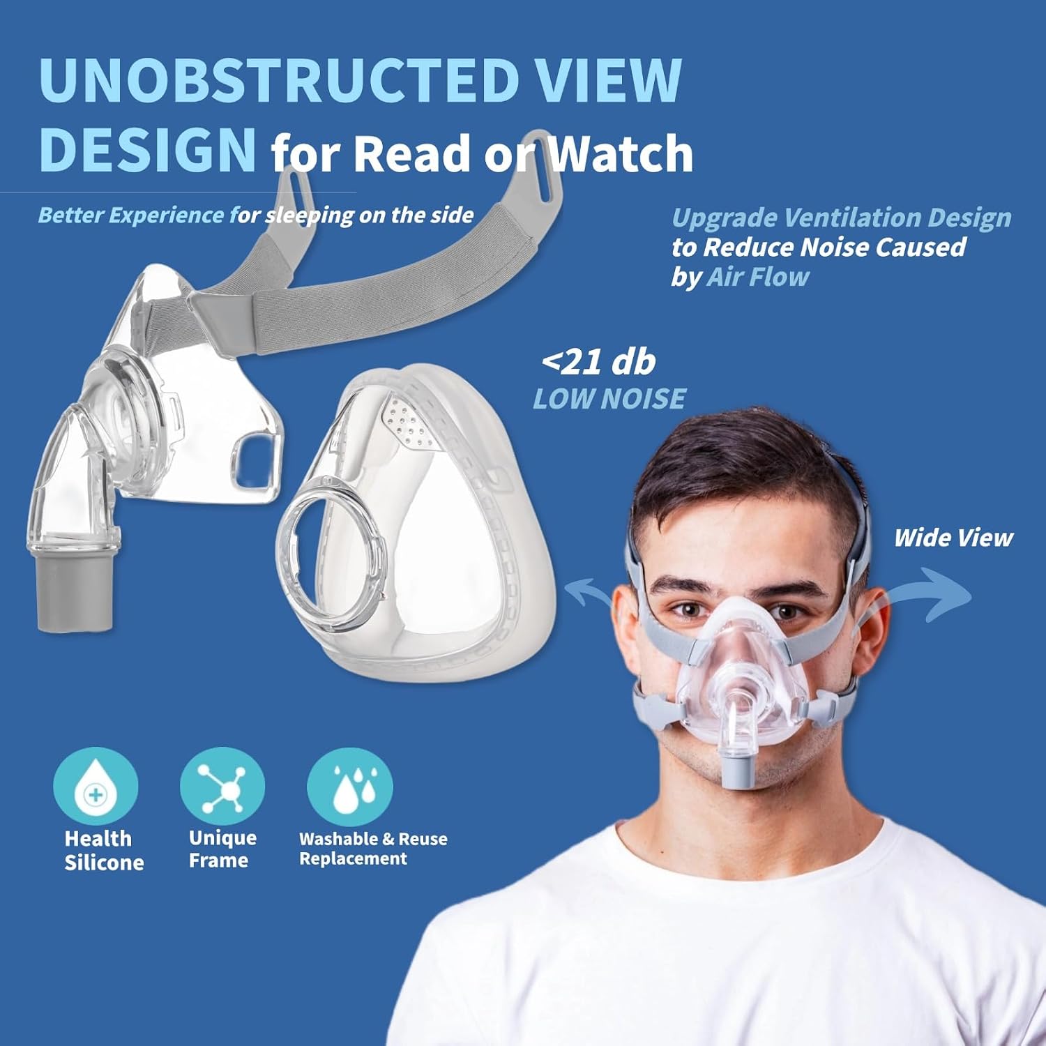 Cpap Mask, Universal Full Face Cpap Masks Replacement Set, Soft Silicone Cpap Full Cover Assembly Kit, Comfort Series Nasal Cpap Mask with Headgear, Elbow and Cushion, L Size